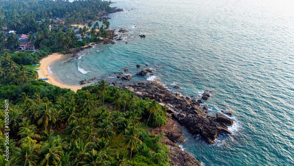 Fototapeta Coastal view of palm-fringed beach in Sri Lanka. A tranquil coastal area in Sri Lanka showcases a beautiful sandy beach surrounded by lush palm trees and clear blue waters.