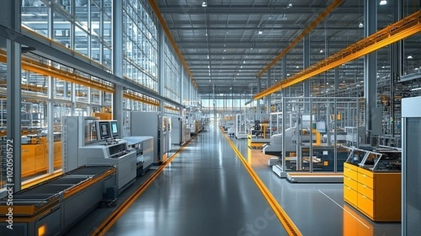 Fototapeta industry 4.0 smart factory interior highlighting automated production lines IIoT machines and efficient workstations for optimized manufacturing and improved operational performance