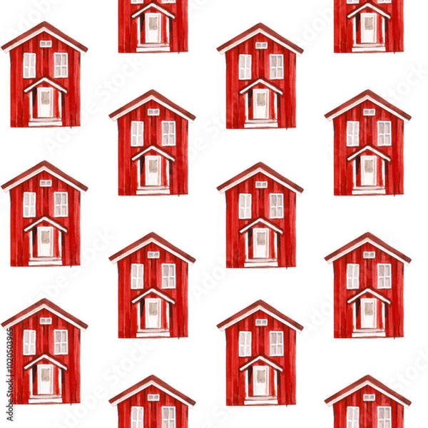 Fototapeta Scandinavian red wood house typical for Norway and Sweden architecture watercolor illustrated pattern.
