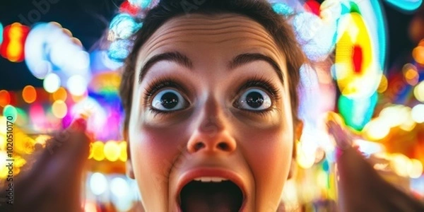 Fototapeta Eyes wide open with surprise and amazement, set against the backdrop of a vibrant carnival
