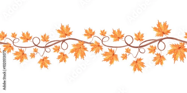 Fototapeta Maple leaves on branch. Autumn seamless border. Fall repeat pattern to Thanksgiving or Halloween. Hand drawn watercolor illustration isolated. Template background for wrapping, paper, website header.