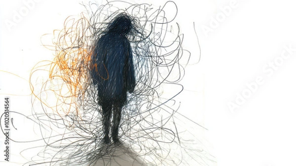 Fototapeta abstract drawing of a solitary figure surrounded by chaotic scribbles and lines.