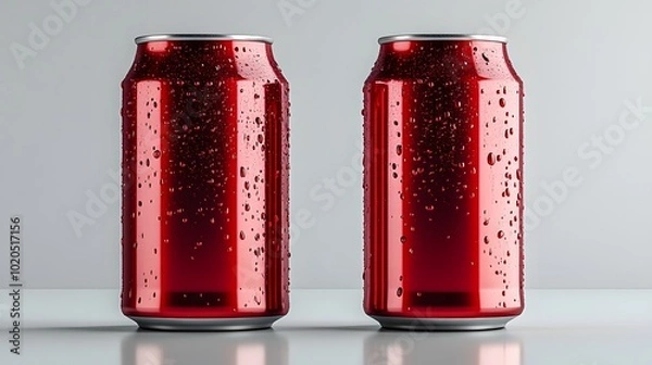 Fototapeta Two shiny red soda cans with condensation, standing side by side against a simple gray background.