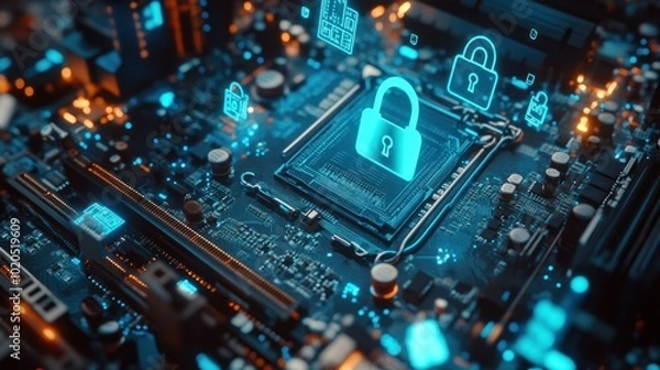 Obraz A Cybersecurity Concept with Glowing Padlocks on a Circuit Board