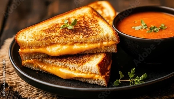 Fototapeta A close up image of a delicious grilled cheese sandwich with tomato soup