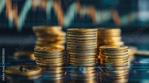 Fototapeta stacks of gold coins alongside a stock market chart showing rising prices symbolizing the growth of investment value and the increasing importance of gold in financial markets