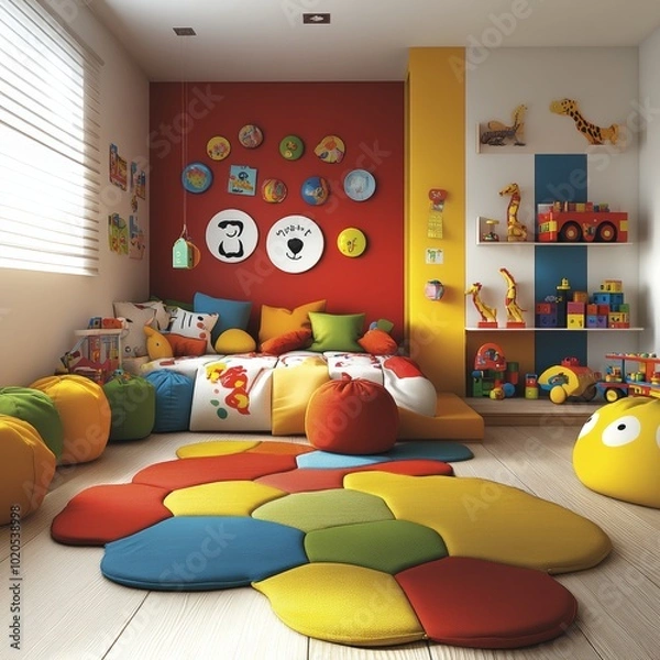 Fototapeta Vibrant  Playful Childrens Playroom With An Abundance Of Toys, Featuring Red  Yellow Decor