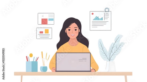 Fototapeta A businesswoman talking about a sales report in a video conference. An Asian team using a laptop and tablet for an online meeting in a video call. Working from home, working remotely