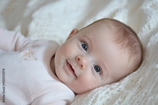 Fototapeta A joyful baby with bright eyes smiles on a soft, cozy blanket in warm sunlight
