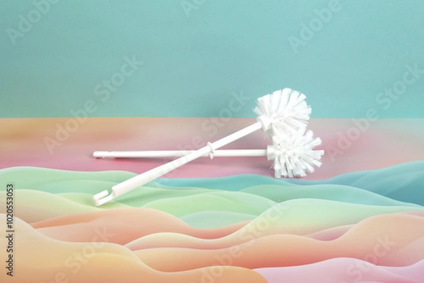 Obraz a duo of toilet brushes in front of wave background.