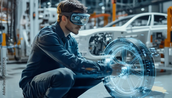 Obraz Automotive Engineer Using Augmented Reality Glasses to Design and Analyze a Virtual Car Tire Model in Factory