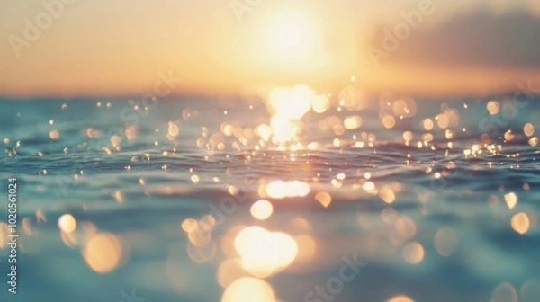 Obraz The sun descends towards the horizon, casting a warm glow on the ocean surface, as gentle waves create a sparkling effect in the evening light