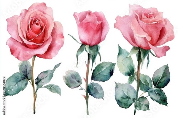 Fototapeta botanical illustration, artistic watercolor rose set with hand-painted pink flowers for creative projects, decor, design, and floral clipart