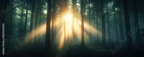 Fototapeta Majestic forest with tall trees and sun rays filtering through the canopy