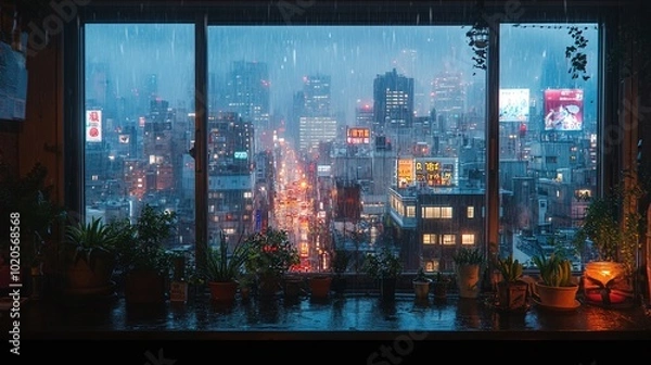 Fototapeta plants on a desk creating a cozy indoor scene with a view out the window into a rainy cityscape showcasing the blend of nature and urban life on a peaceful rainy day