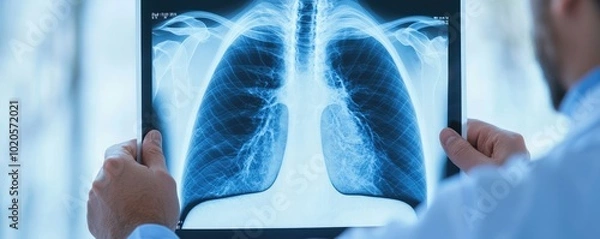 Fototapeta Close-up of a healthcare professional analyzing a lung X-ray on a digital tablet in a clinical setting.