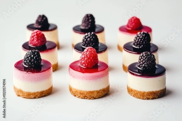 Fototapeta Mini cheesecakes topped with berries arranged on a minimalist background for a dessert display