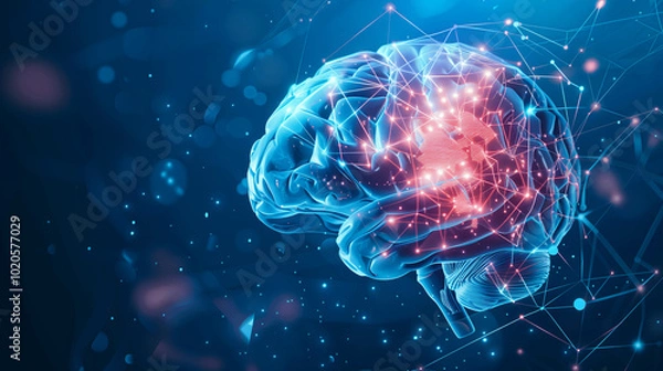 Fototapeta ADHD disease, Logical Thinking Process, brain with network on blue background.