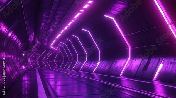 Fototapeta A long, futuristic tunnel with bright pink neon lights reflecting on the glossy floor.