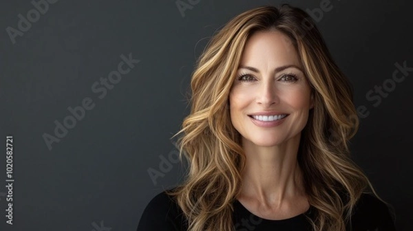 Fototapeta radiant middle-aged woman with a beautiful smile, looking directly into the camera, gray background setting, confident and serene mood, modern portrait showcasing mature charm and elegance