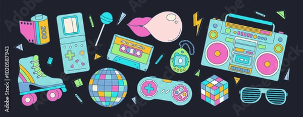 Fototapeta Set of colorful elements 80s 90s, retro badge, emblem, fashionable patch. Disco ball and sunglasses, boombox and roller, cassette. Vector illustration