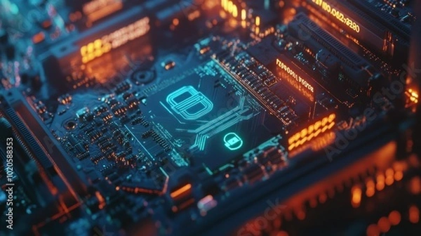 Fototapeta Close-up of a Futuristic Circuit Board with Glowing Lines and a Padlock Symbol