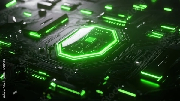 Fototapeta Green illuminated circuit board with a central processor