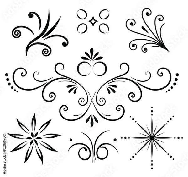 Fototapeta Collection of vector illustrations featuring various floral decorative lines, perfect for invitations, certificates, and decorative projects.