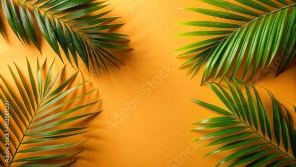Fototapeta Immerse yourself in summer aesthetics with a striking flat lay of tropical leaves against a bright background, ideal for capturing vibrant