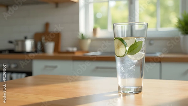 Fototapeta a transparent clean tall glass of fresh clear fizzy water with slices of lime and mint leaves, sits on a smooth, wooden table in a modern kitchen, captures the natural light from the window