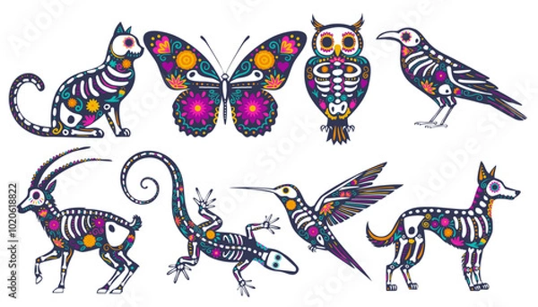 Obraz Set of skeleton decorated with flowers and decorative elements. Festive animal for the Mexican Day of the Dead, Dia de los Muertos.