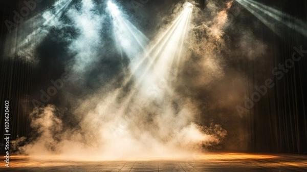 Fototapeta Stage illuminated with spotlights and smoke