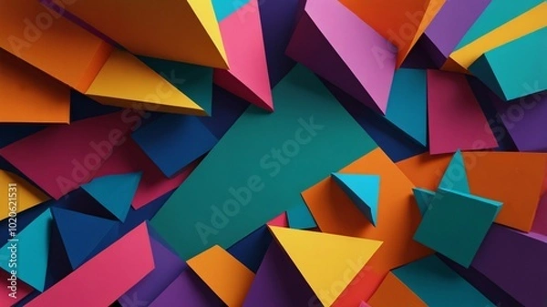 Fototapeta Vibrant geometric shapes with bold colors forming an abstract composition on a plain background.