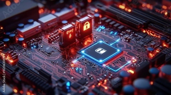 Fototapeta Cyber Security System with Padlock Icons on Motherboard