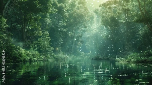 Fototapeta Mystical forest with a misty pond and sunlight filtering through the trees.