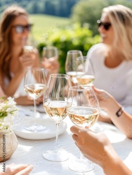 Fototapeta A group of friends enjoys a sunny outdoor gathering, clinking glasses of rosé wine, surrounded by greenery and a festive atmosphere.