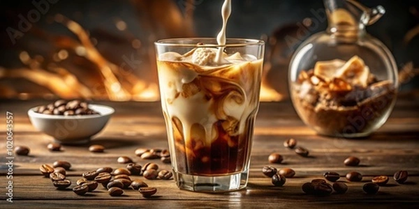 Fototapeta Stunning long exposure captures the creamy milk pouring into iced cold brew coffee. A refreshing and artistic drink that excites both the eyes and taste buds.