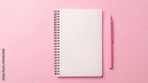 Fototapeta Blank notebook and pink pen on a soft pink background.
