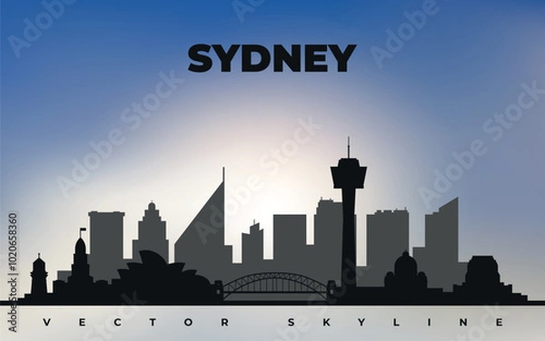 Fototapeta Black silhouette of Sydney city skyline on the background of blue sky. Vector on a blue background