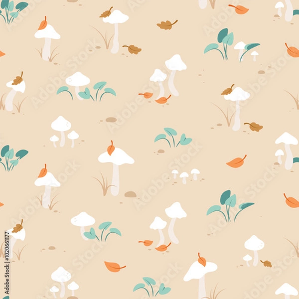 Obraz Seamless vector pattern with mushrooms and plants pastel colors