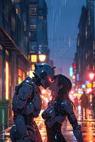 Fototapeta amore diverso. illustrazione di ragazza che bacia robot al centro di una strada in notte piovosa
