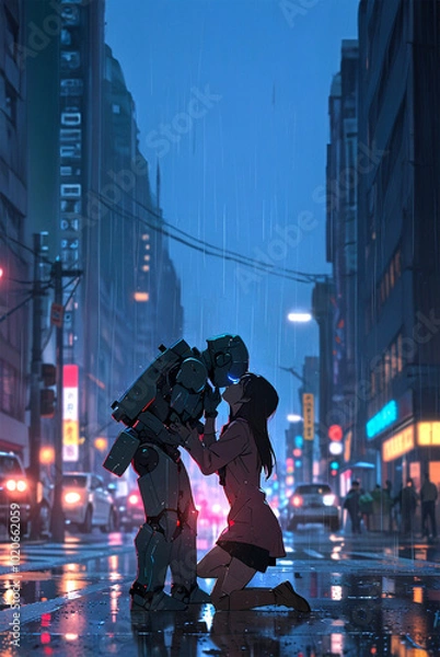 Fototapeta amore diverso. illustrazione di ragazza che bacia robot al centro di una strada in notte piovosa