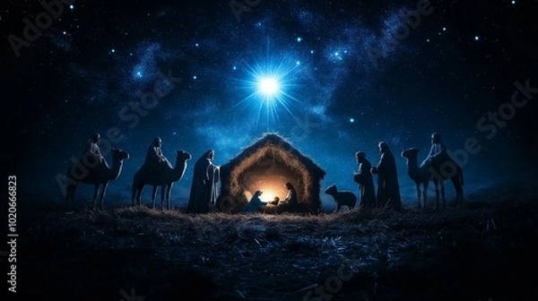 Fototapeta Nativity scene with the Holy Family, shepherds, and camels under the night sky illuminated by the star of Bethlehem