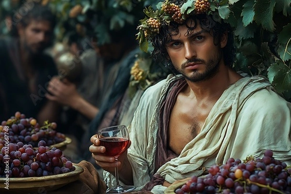 Fototapeta A god of wine and harvest celebrates with a glass of red wine surrounded by grapes.