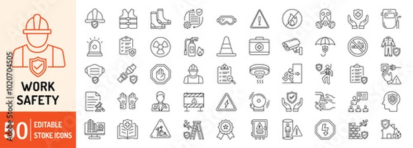 Fototapeta Work Safety editable stroke outline web icons set. Safety first, hazard, protection, health, insurance, regulations, helmet and work. Vector illustration