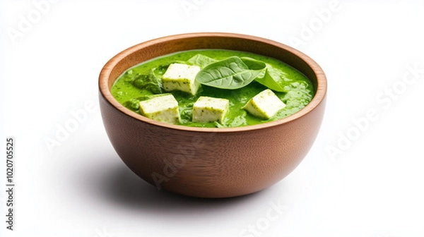 Obraz Creamy green spinach soup with cubes of paneer and fresh basil leaves, served in wooden bowl.