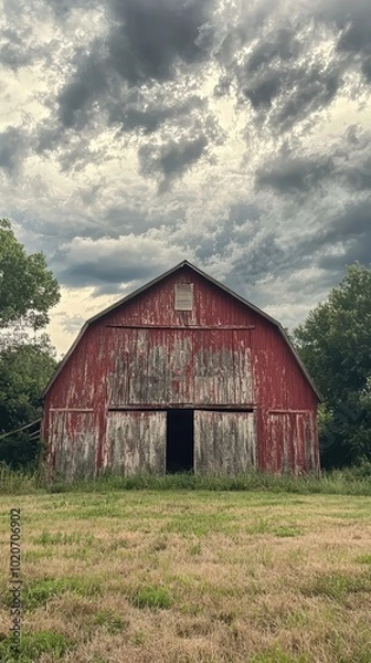 Obraz A rustic red barn stands under a dramatic sky, surrounded by grassy fields, evoking a sense of rural charm and tranquility.