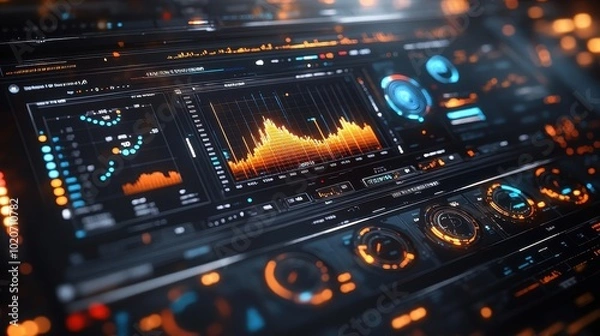 Fototapeta A futuristic audio control panel displaying vibrant sound waves and dynamic visualizations against a sleek, high-tech interface.