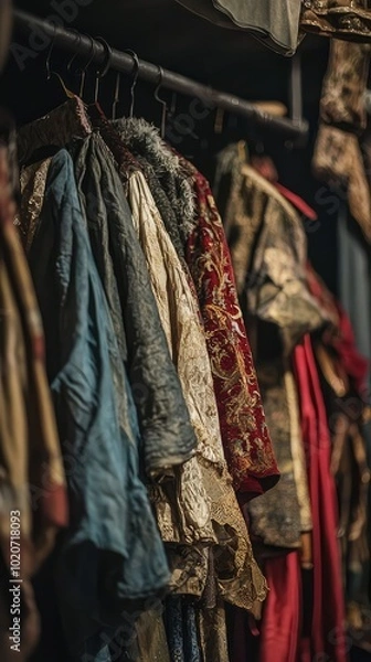 Fototapeta A vibrant collection of traditional garments hanging on a rack, showcasing rich colors and intricate patterns in soft lighting.