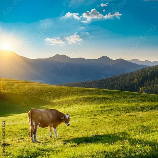 Fototapeta a cow grazing on the green grass of the fields